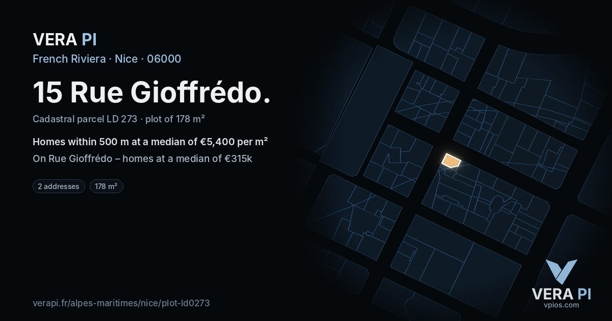 15 Rue Gioffrédo, Nice at night – the plot lit, the parcels around coloured by the prices near them
