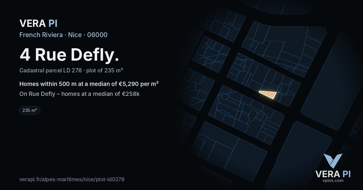 4 Rue Defly, Nice at night – the plot lit, the parcels around coloured by the prices near them