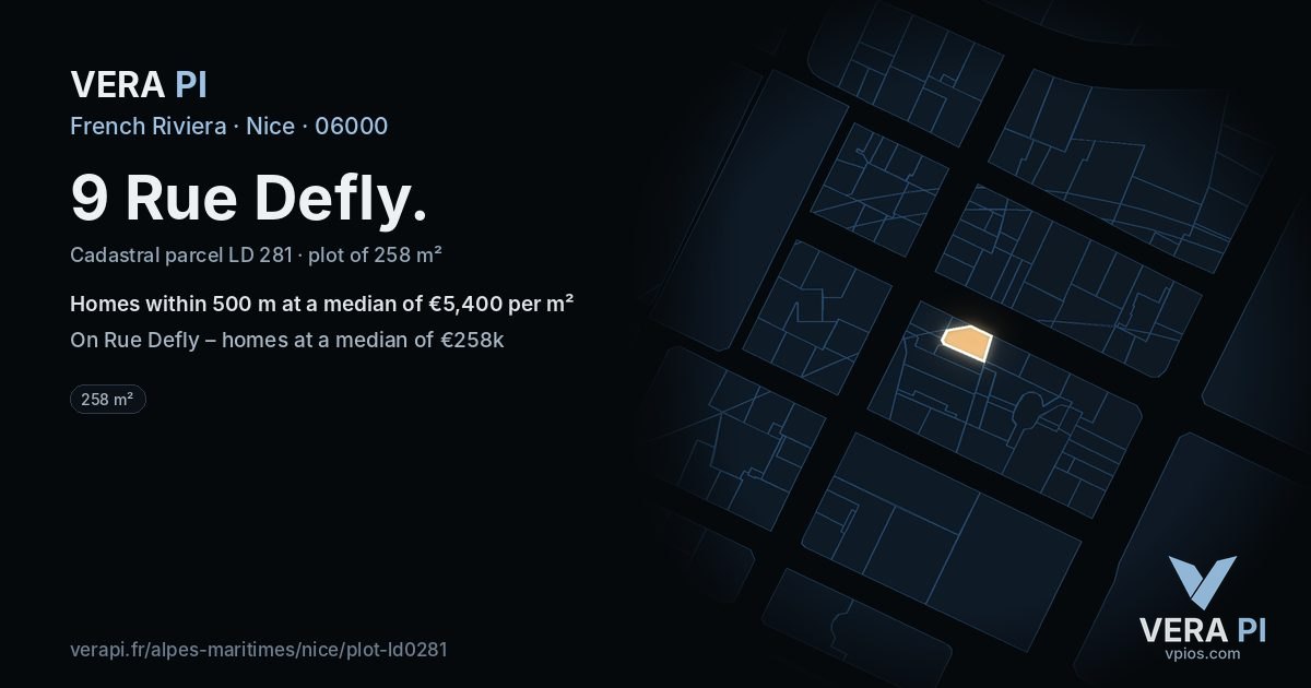 9 Rue Defly, Nice at night – the plot lit, the parcels around coloured by the prices near them