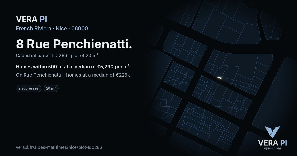 8 Rue Penchienatti, Nice at night – the plot lit, the parcels around coloured by the prices near them