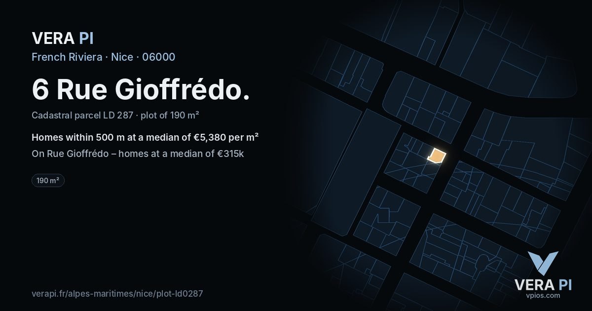 6 Rue Gioffrédo, Nice at night – the plot lit, the parcels around coloured by the prices near them