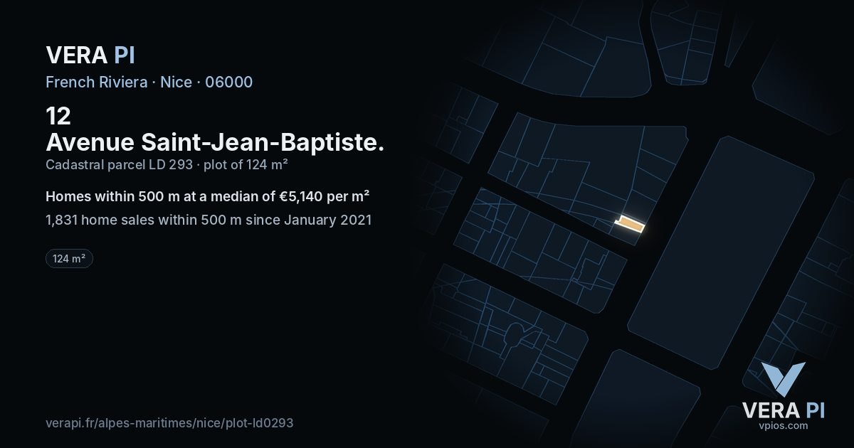 12 Avenue Saint-Jean-Baptiste, Nice at night – the plot lit, the parcels around coloured by the prices near them