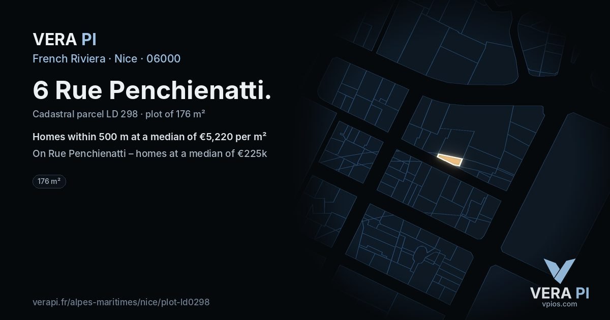 6 Rue Penchienatti, Nice at night – the plot lit, the parcels around coloured by the prices near them