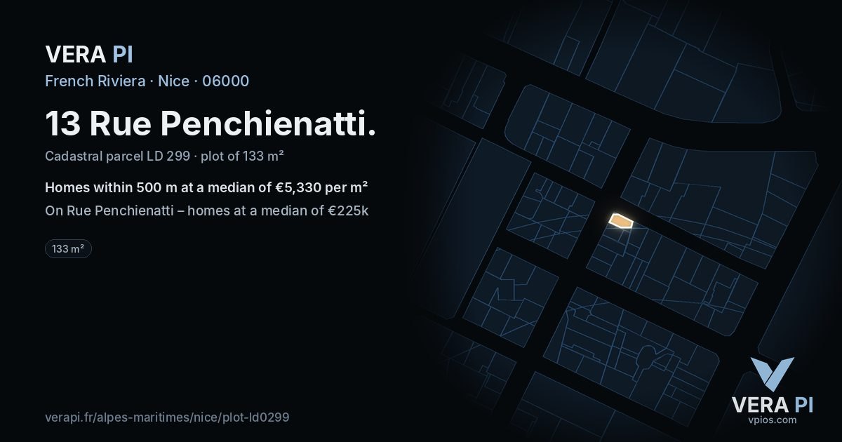 13 Rue Penchienatti, Nice at night – the plot lit, the parcels around coloured by the prices near them