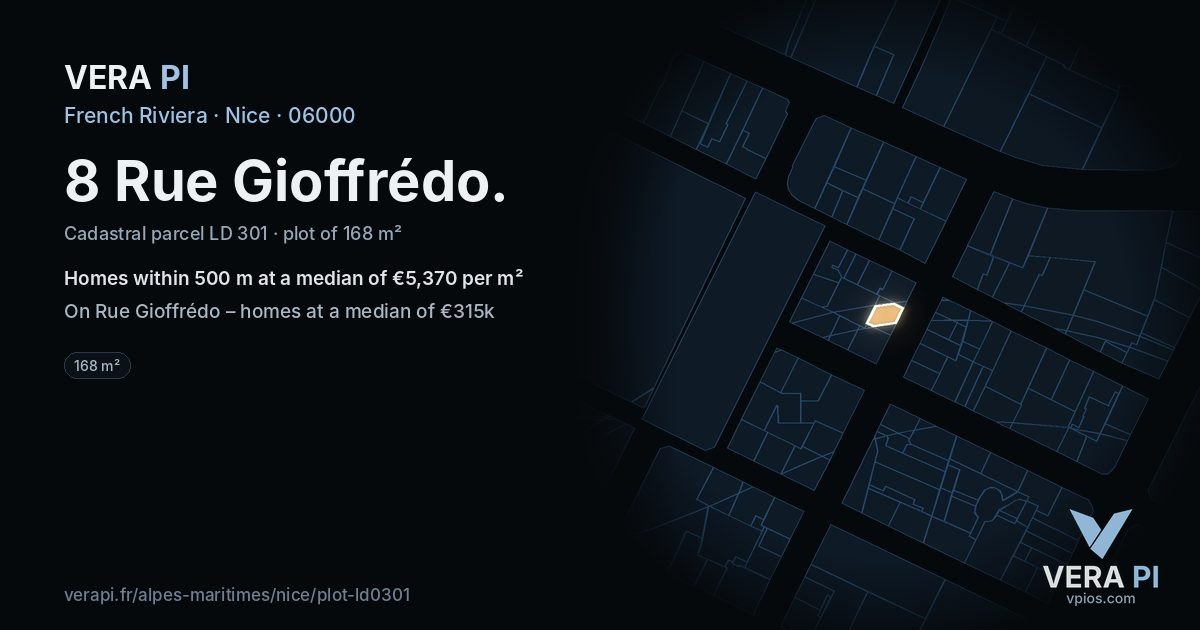 8 Rue Gioffrédo, Nice at night – the plot lit, the parcels around coloured by the prices near them