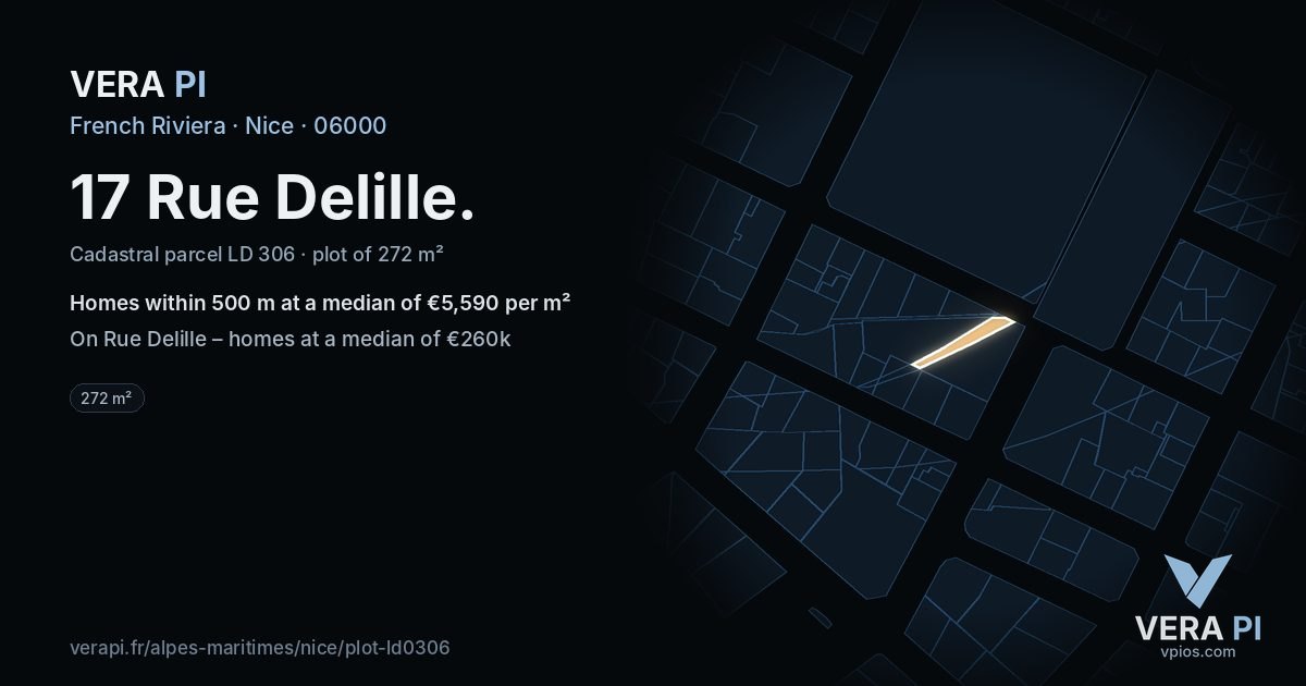 17 Rue Delille, Nice at night – the plot lit, the parcels around coloured by the prices near them