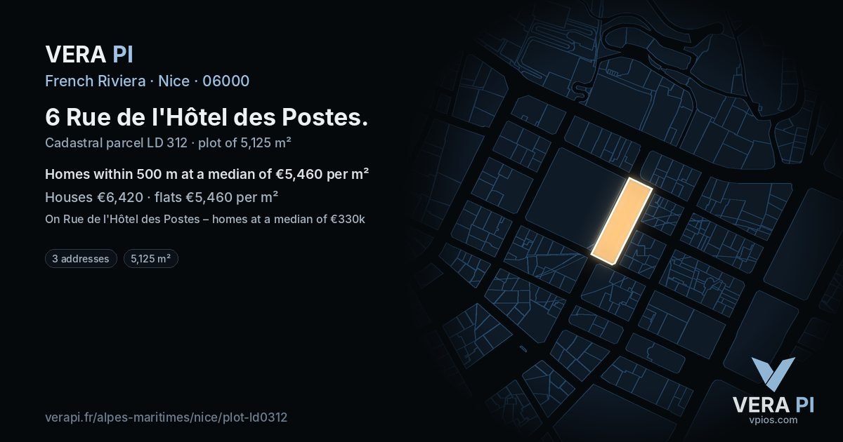 6 Rue de l'Hôtel des Postes, Nice at night – the plot lit, the parcels around coloured by the prices near them