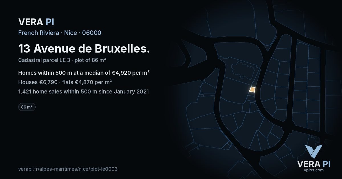 13 Avenue de Bruxelles, Nice at night – the plot lit, the parcels around coloured by the prices near them