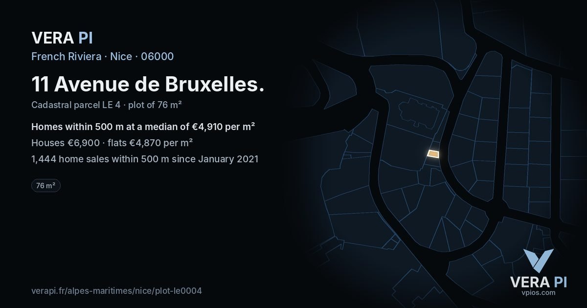 11 Avenue de Bruxelles, Nice at night – the plot lit, the parcels around coloured by the prices near them