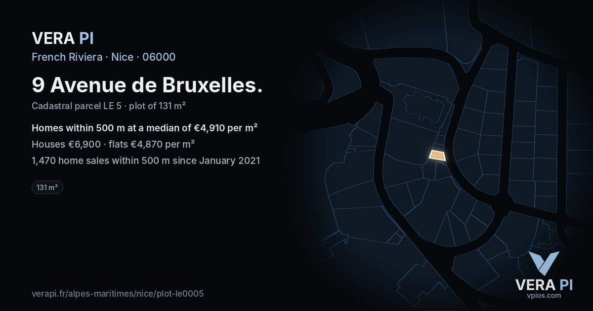 9 Avenue de Bruxelles, Nice at night – the plot lit, the parcels around coloured by the prices near them