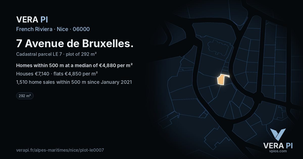 7 Avenue de Bruxelles, Nice at night – the plot lit, the parcels around coloured by the prices near them