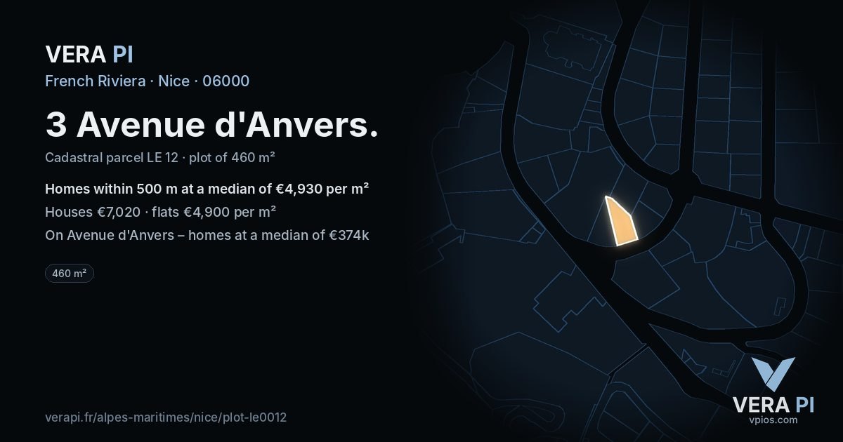 3 Avenue d'Anvers, Nice at night – the plot lit, the parcels around coloured by the prices near them