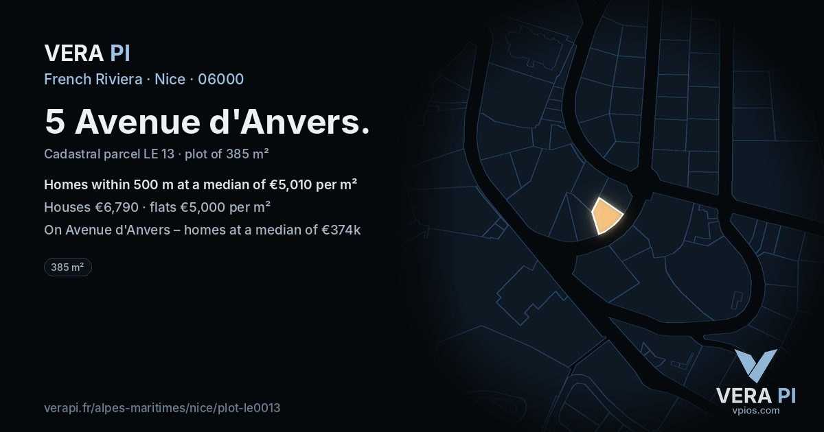5 Avenue d'Anvers, Nice at night – the plot lit, the parcels around coloured by the prices near them