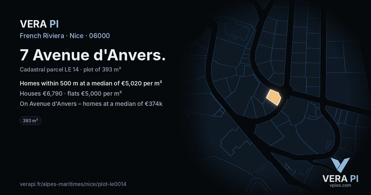 7 Avenue d'Anvers, Nice at night – the plot lit, the parcels around coloured by the prices near them