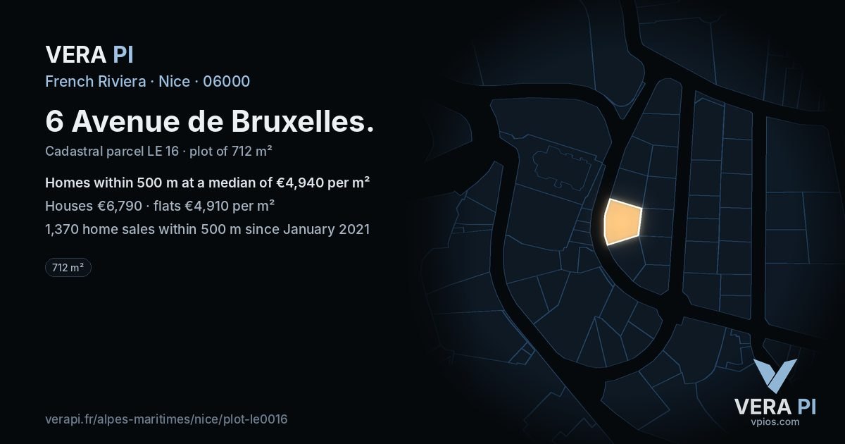6 Avenue de Bruxelles, Nice at night – the plot lit, the parcels around coloured by the prices near them