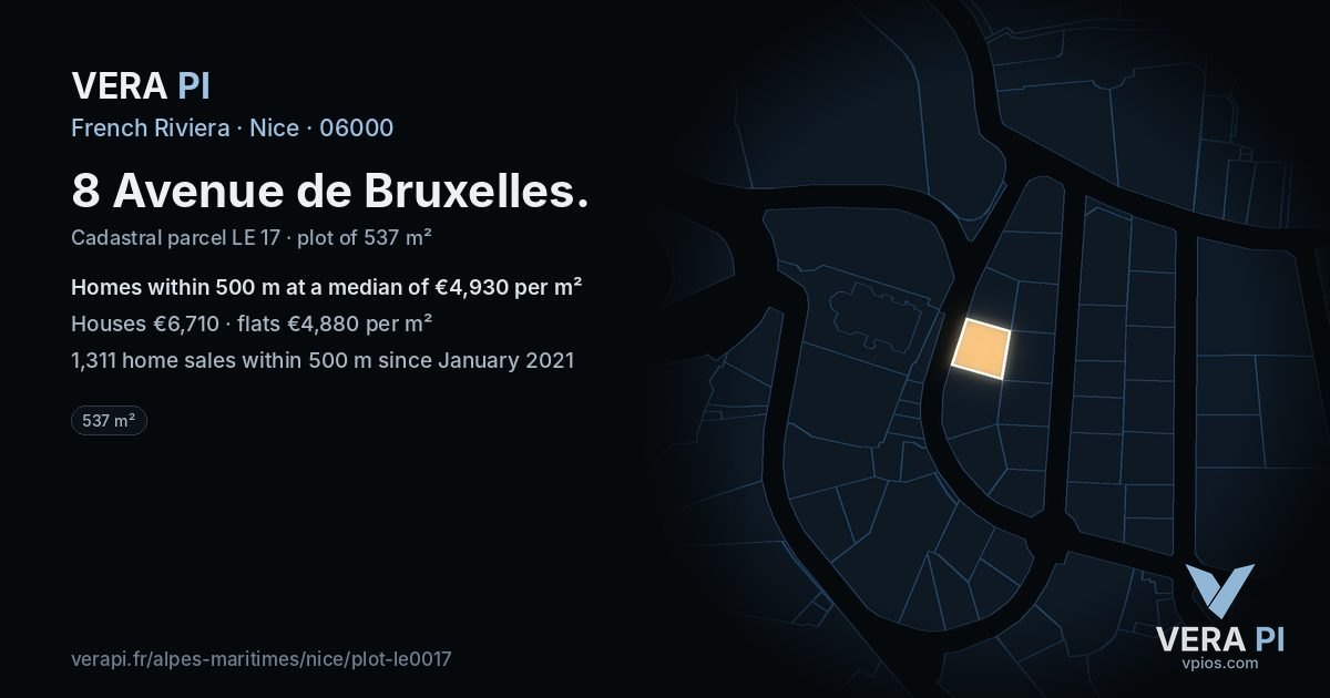 8 Avenue de Bruxelles, Nice at night – the plot lit, the parcels around coloured by the prices near them