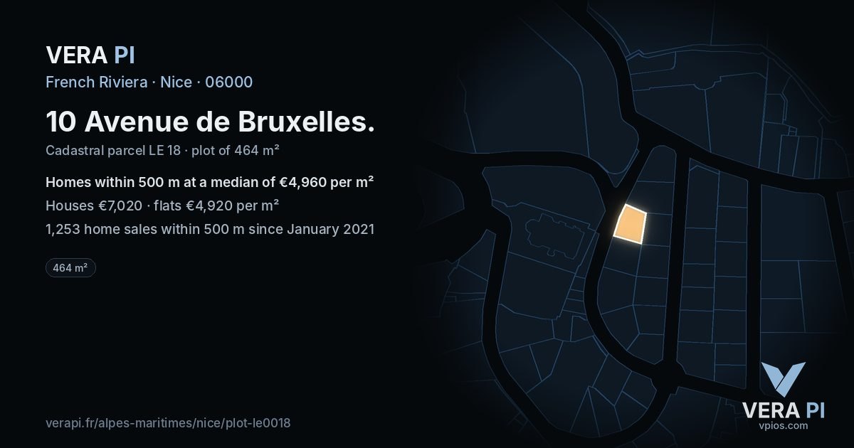 10 Avenue de Bruxelles, Nice at night – the plot lit, the parcels around coloured by the prices near them