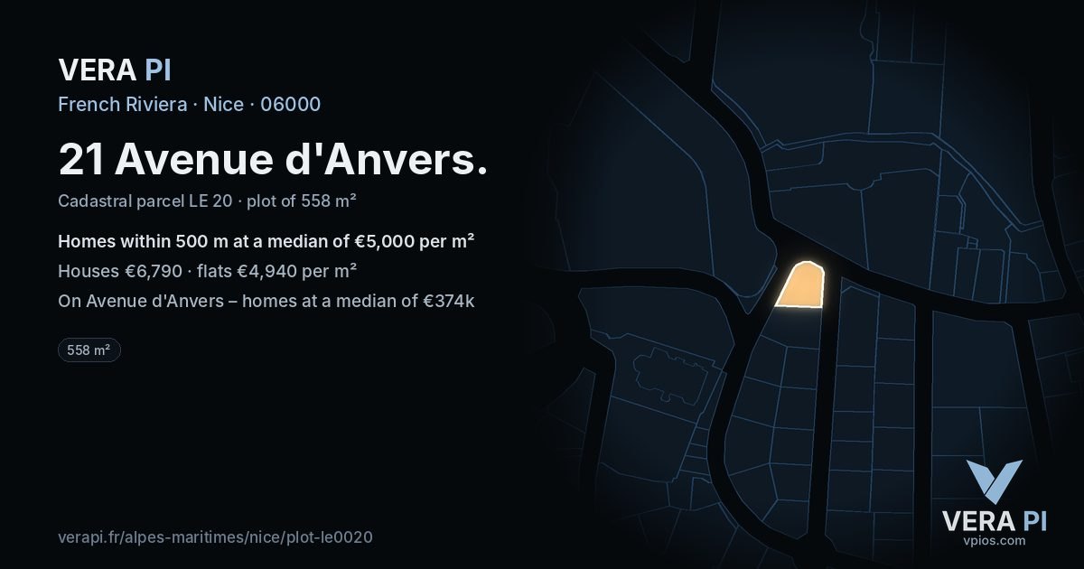21 Avenue d'Anvers, Nice at night – the plot lit, the parcels around coloured by the prices near them
