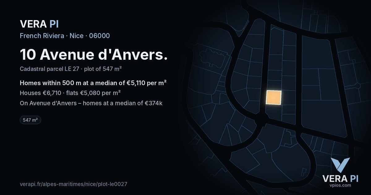 10 Avenue d'Anvers, Nice at night – the plot lit, the parcels around coloured by the prices near them