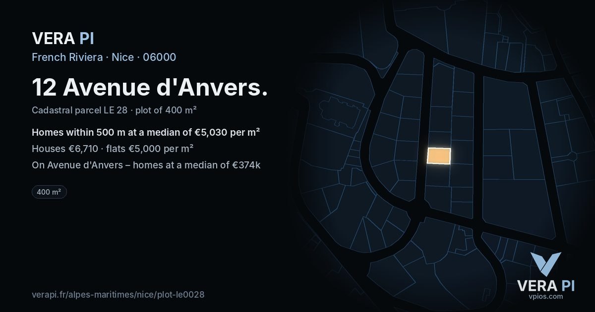 12 Avenue d'Anvers, Nice at night – the plot lit, the parcels around coloured by the prices near them