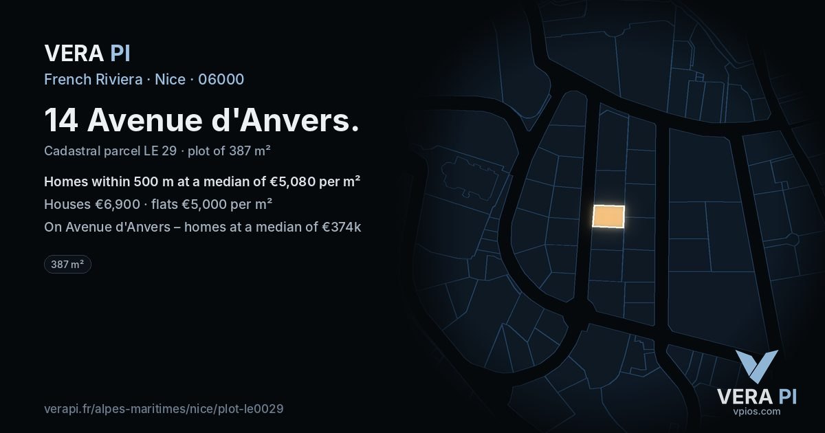 14 Avenue d'Anvers, Nice at night – the plot lit, the parcels around coloured by the prices near them
