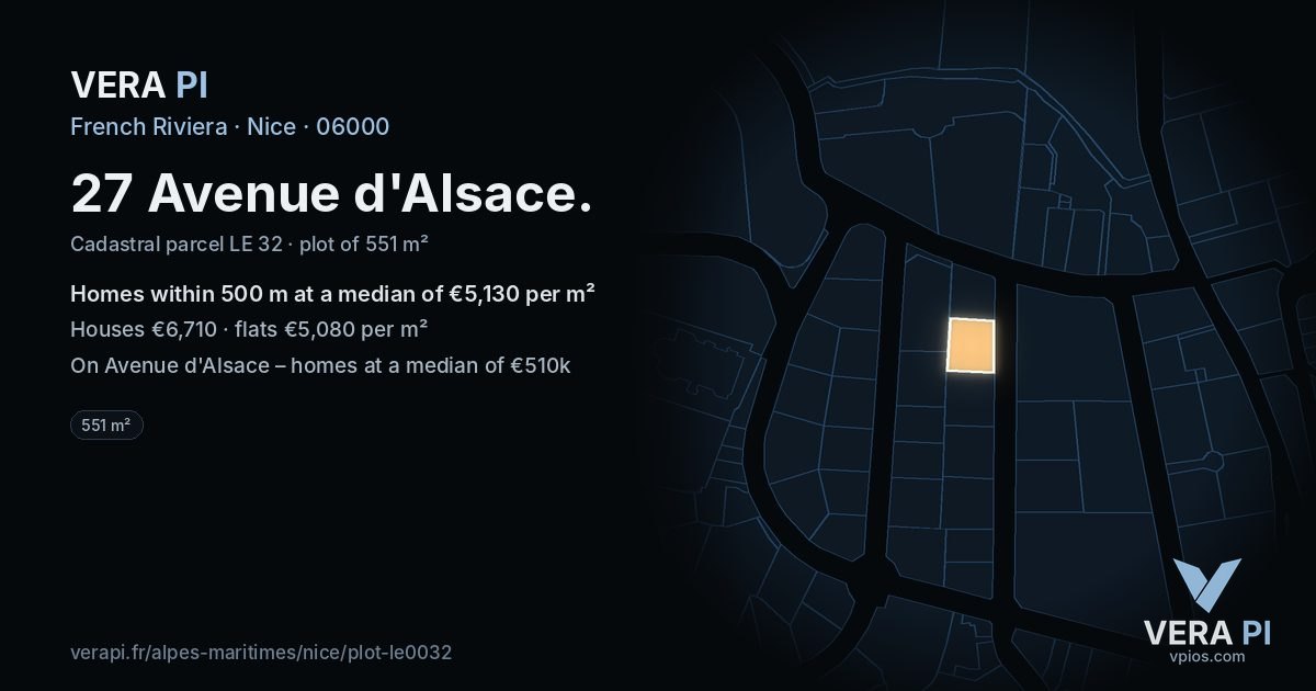 27 Avenue d'Alsace, Nice at night – the plot lit, the parcels around coloured by the prices near them