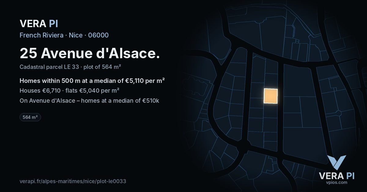 25 Avenue d'Alsace, Nice at night – the plot lit, the parcels around coloured by the prices near them