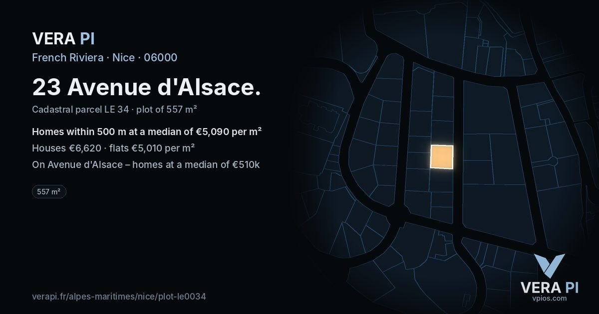 23 Avenue d'Alsace, Nice at night – the plot lit, the parcels around coloured by the prices near them