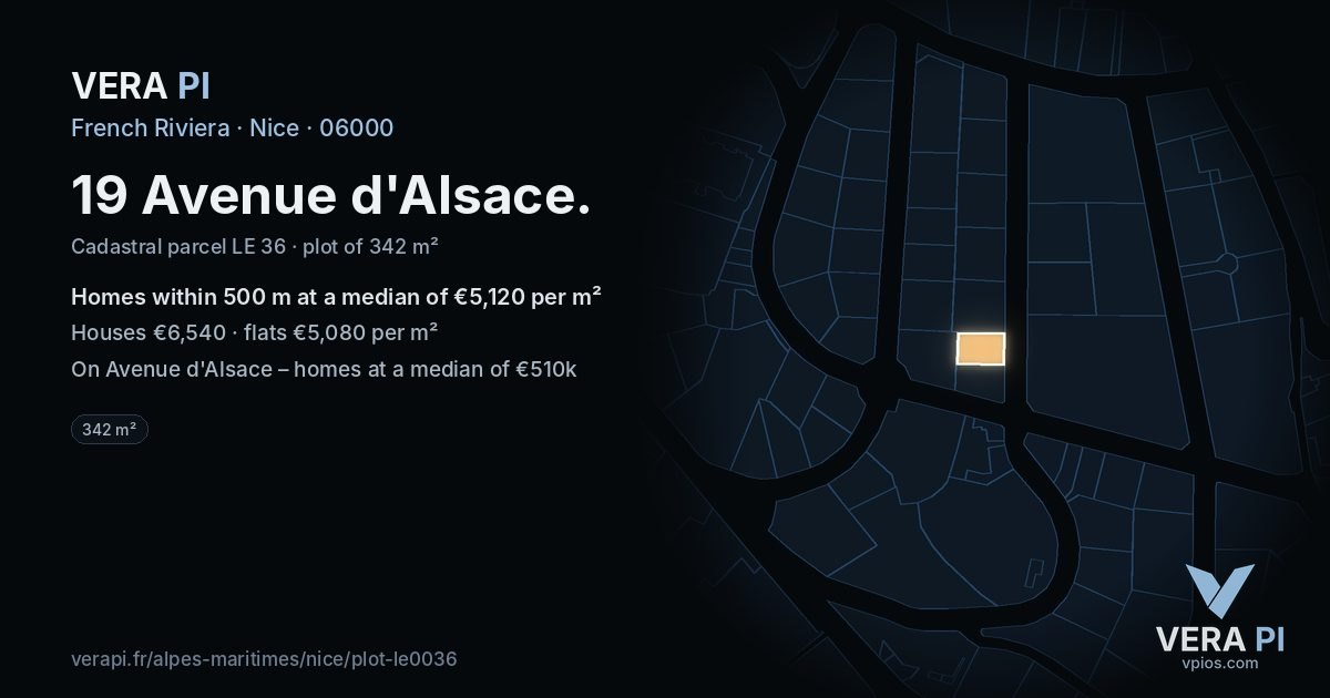19 Avenue d'Alsace, Nice at night – the plot lit, the parcels around coloured by the prices near them