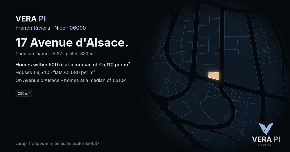 17 Avenue d'Alsace, Nice at night – the plot lit, the parcels around coloured by the prices near them