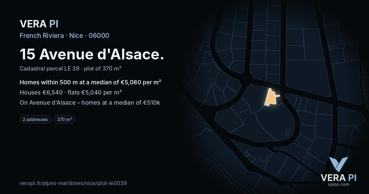 15 Avenue d'Alsace, Nice at night – the plot lit, the parcels around coloured by the prices near them