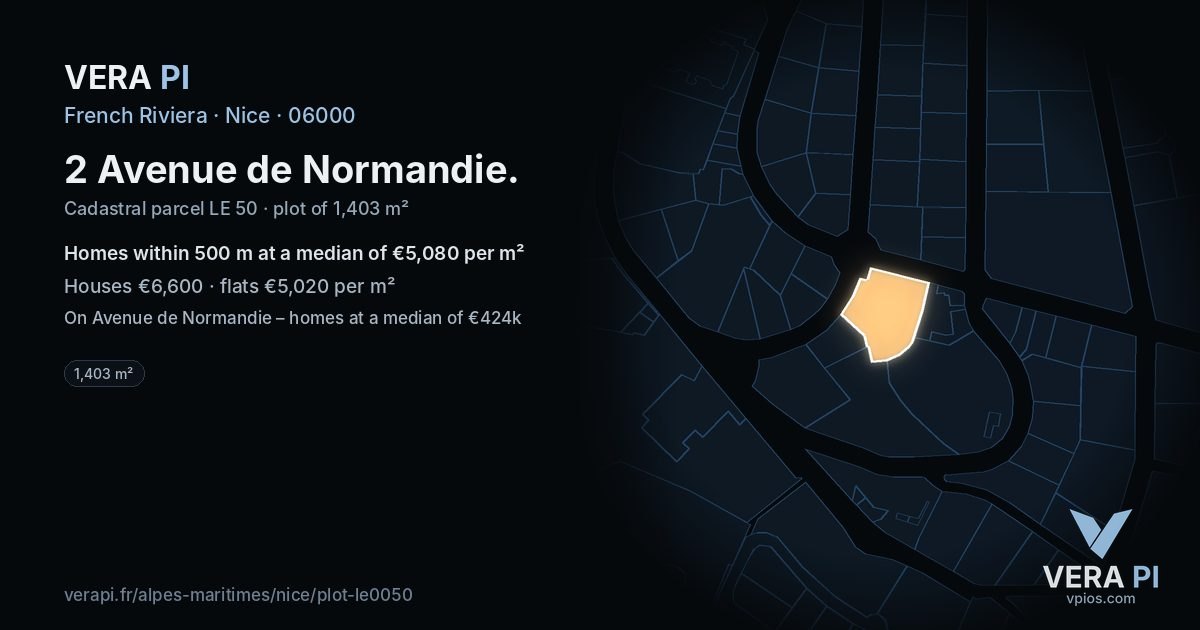 2 Avenue de Normandie, Nice at night – the plot lit, the parcels around coloured by the prices near them