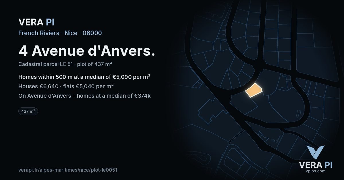 4 Avenue d'Anvers, Nice at night – the plot lit, the parcels around coloured by the prices near them