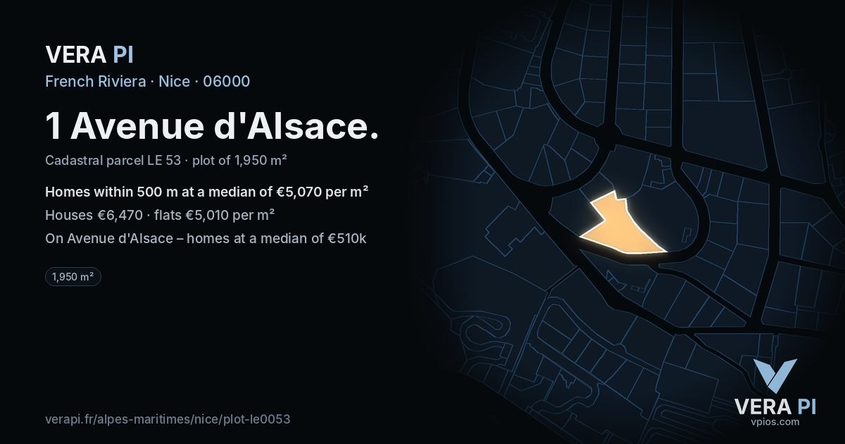 1 Avenue d'Alsace, Nice at night – the plot lit, the parcels around coloured by the prices near them