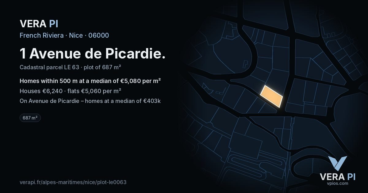 1 Avenue de Picardie, Nice at night – the plot lit, the parcels around coloured by the prices near them