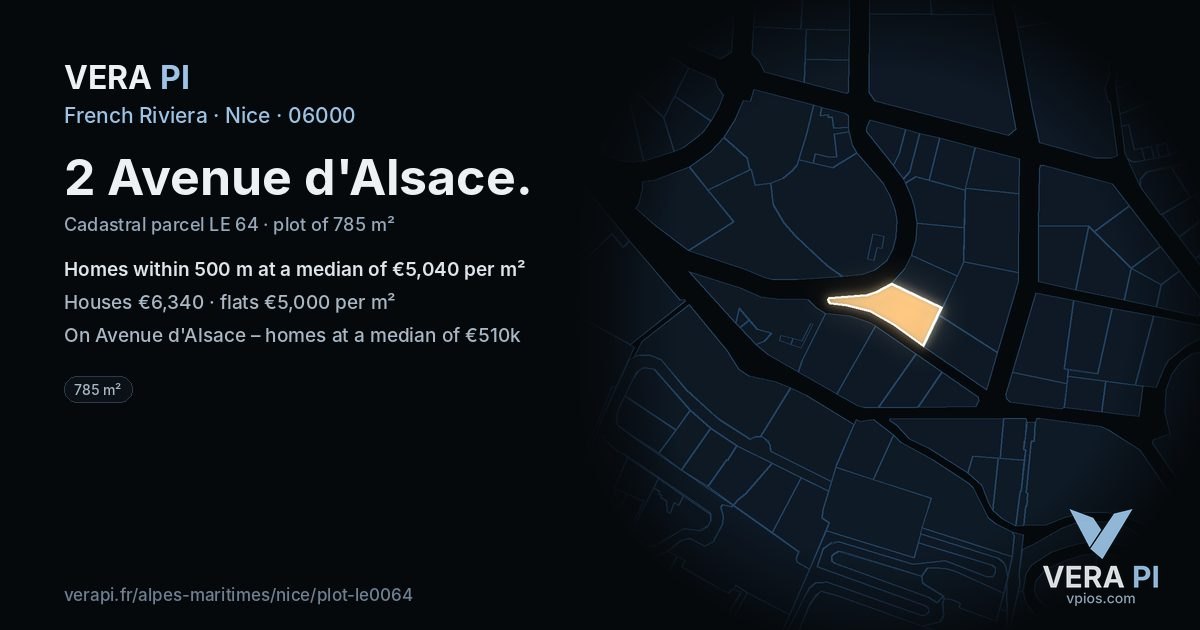 2 Avenue d'Alsace, Nice at night – the plot lit, the parcels around coloured by the prices near them