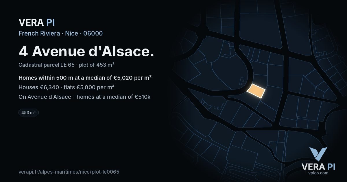 4 Avenue d'Alsace, Nice at night – the plot lit, the parcels around coloured by the prices near them