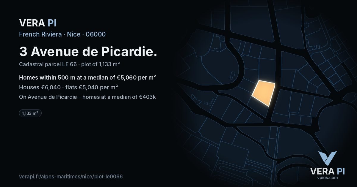 3 Avenue de Picardie, Nice at night – the plot lit, the parcels around coloured by the prices near them