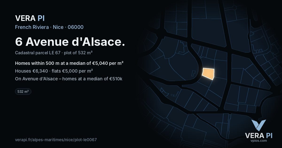 6 Avenue d'Alsace, Nice at night – the plot lit, the parcels around coloured by the prices near them
