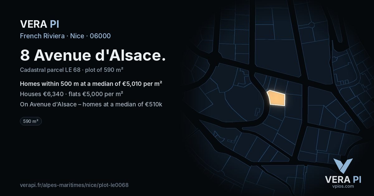 8 Avenue d'Alsace, Nice at night – the plot lit, the parcels around coloured by the prices near them