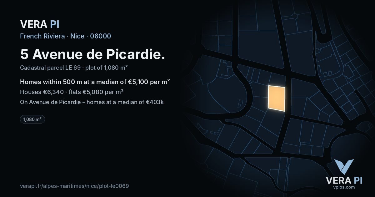 5 Avenue de Picardie, Nice at night – the plot lit, the parcels around coloured by the prices near them