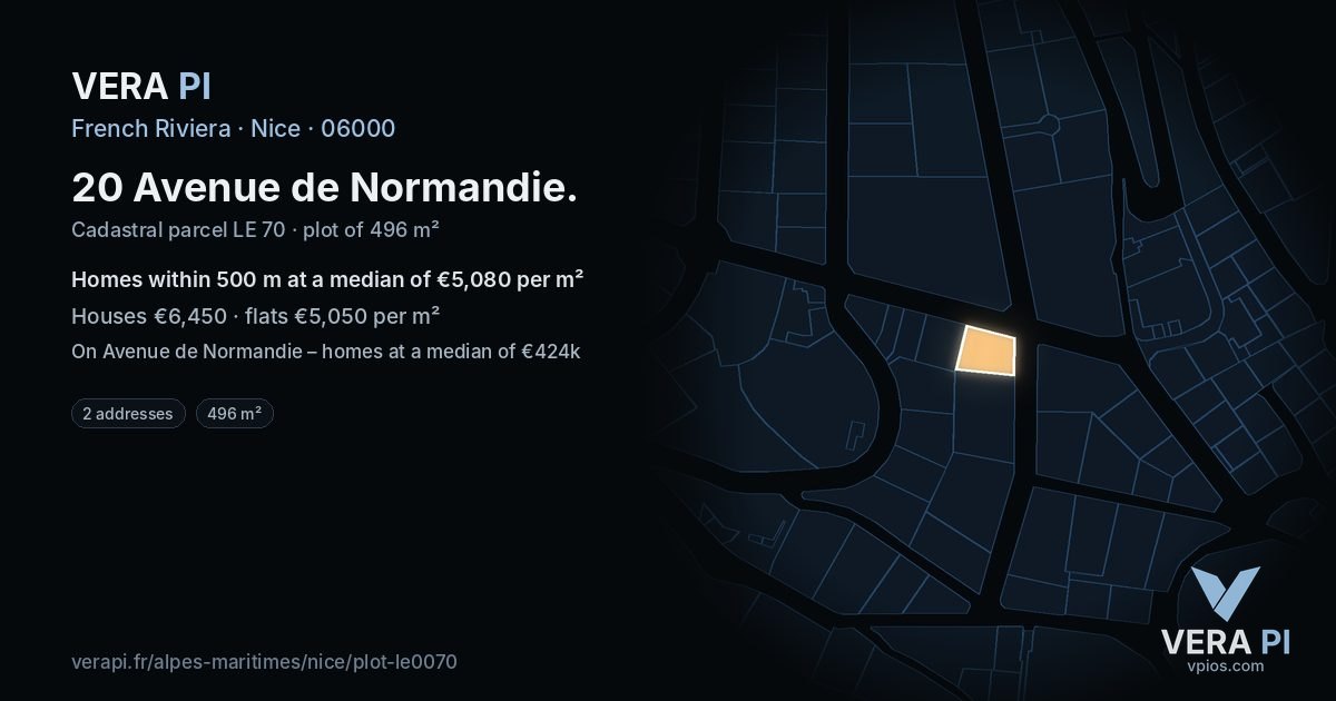 20 Avenue de Normandie, Nice at night – the plot lit, the parcels around coloured by the prices near them