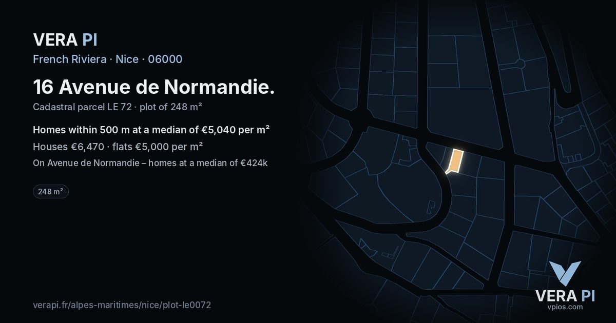 16 Avenue de Normandie, Nice at night – the plot lit, the parcels around coloured by the prices near them
