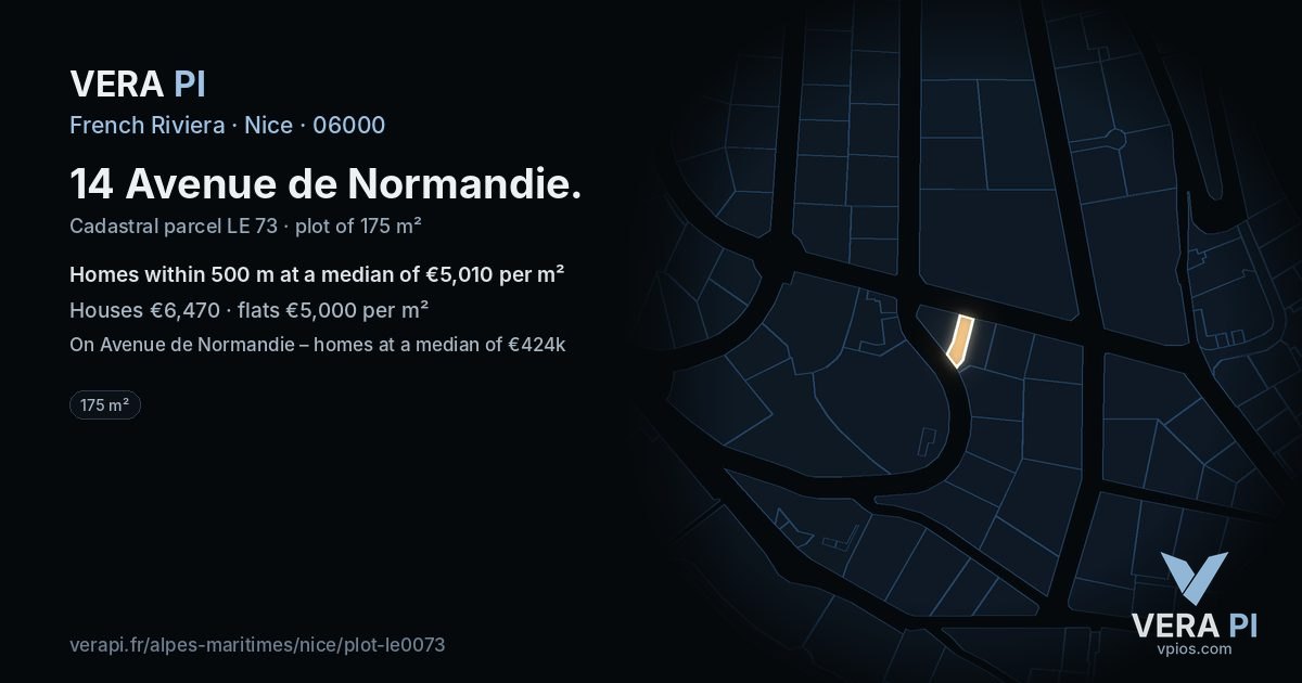 14 Avenue de Normandie, Nice at night – the plot lit, the parcels around coloured by the prices near them