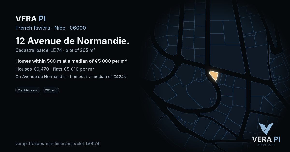 12 Avenue de Normandie, Nice at night – the plot lit, the parcels around coloured by the prices near them