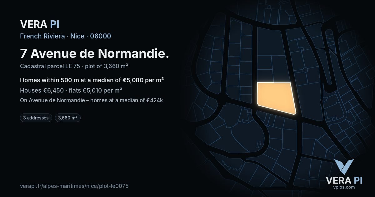 7 Avenue de Normandie, Nice at night – the plot lit, the parcels around coloured by the prices near them