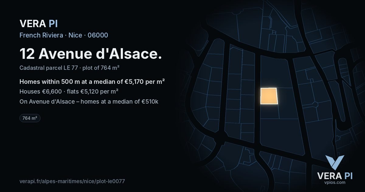 12 Avenue d'Alsace, Nice at night – the plot lit, the parcels around coloured by the prices near them