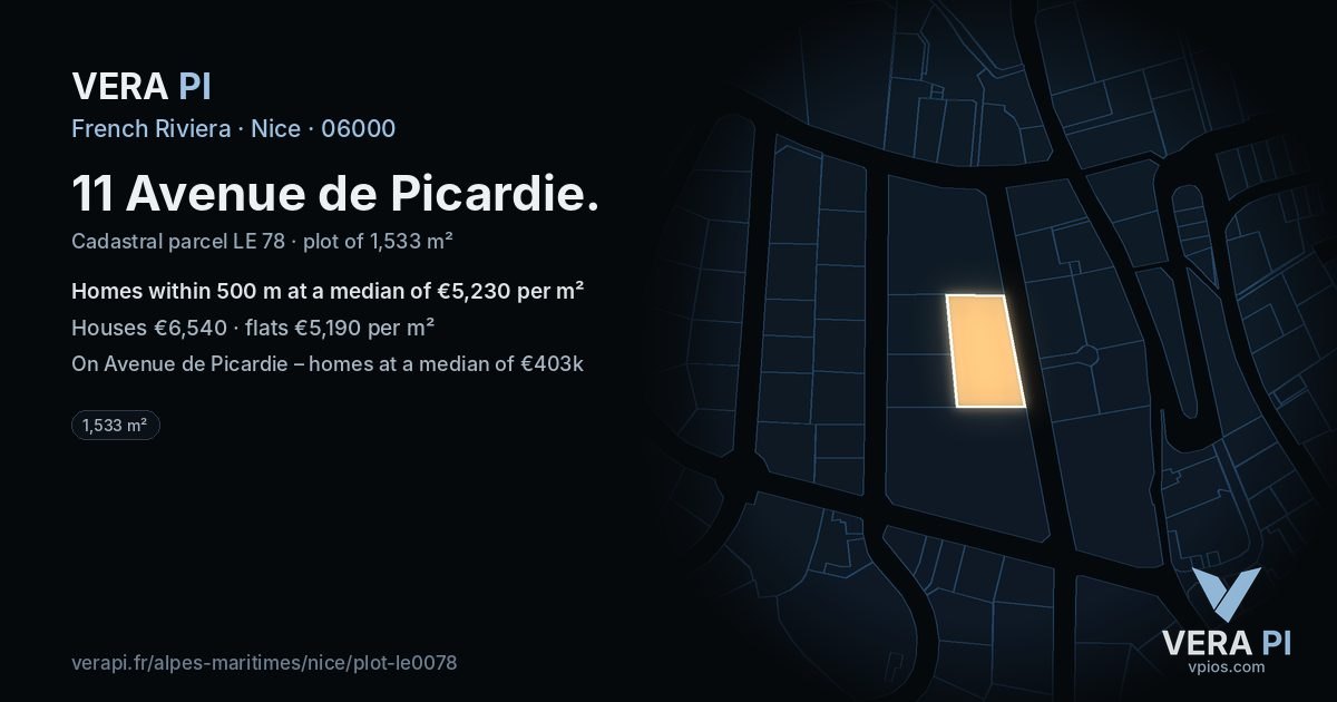 11 Avenue de Picardie, Nice at night – the plot lit, the parcels around coloured by the prices near them