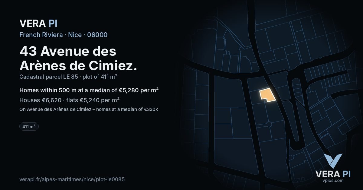 43 Avenue des Arènes de Cimiez, Nice at night – the plot lit, the parcels around coloured by the prices near them