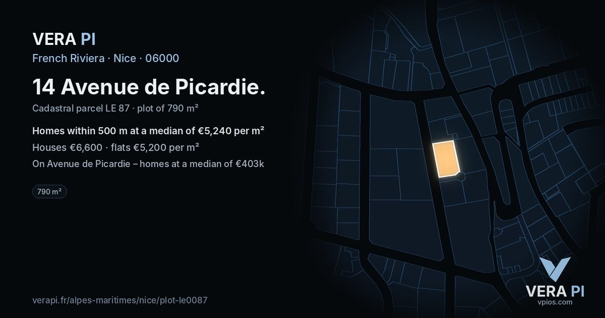 14 Avenue de Picardie, Nice at night – the plot lit, the parcels around coloured by the prices near them